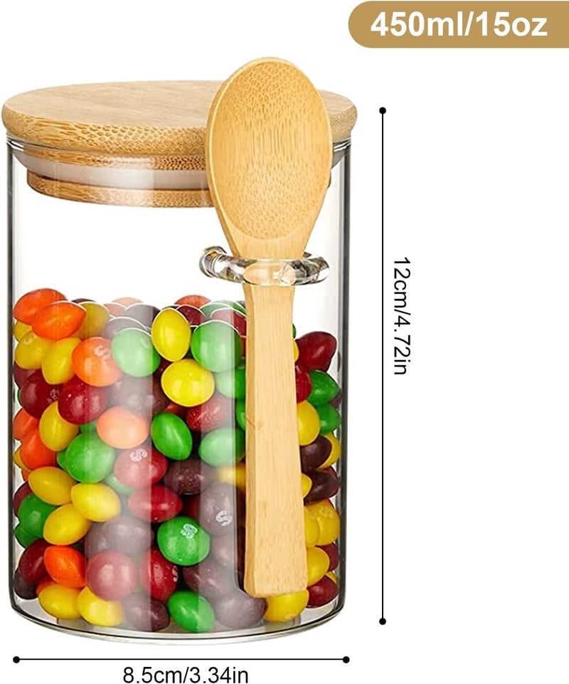 GDWD Üveg Tárolóedény Bambusz Fedővel és Kanállal 450ml Légmentes