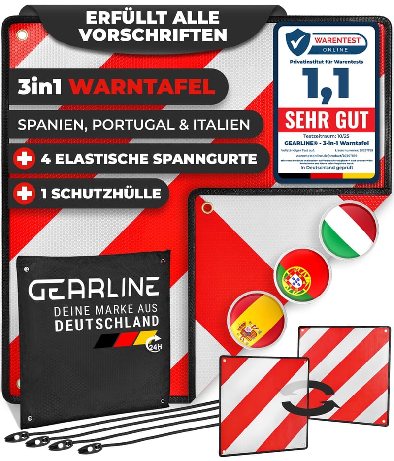 GEARLINE 3 v 1 Výstražná tabuľa pre Taliansko, Španielsko a Portugalsko – na zadný nosič, so 4 upevňovacími popruhmi a ochranným puzdrom