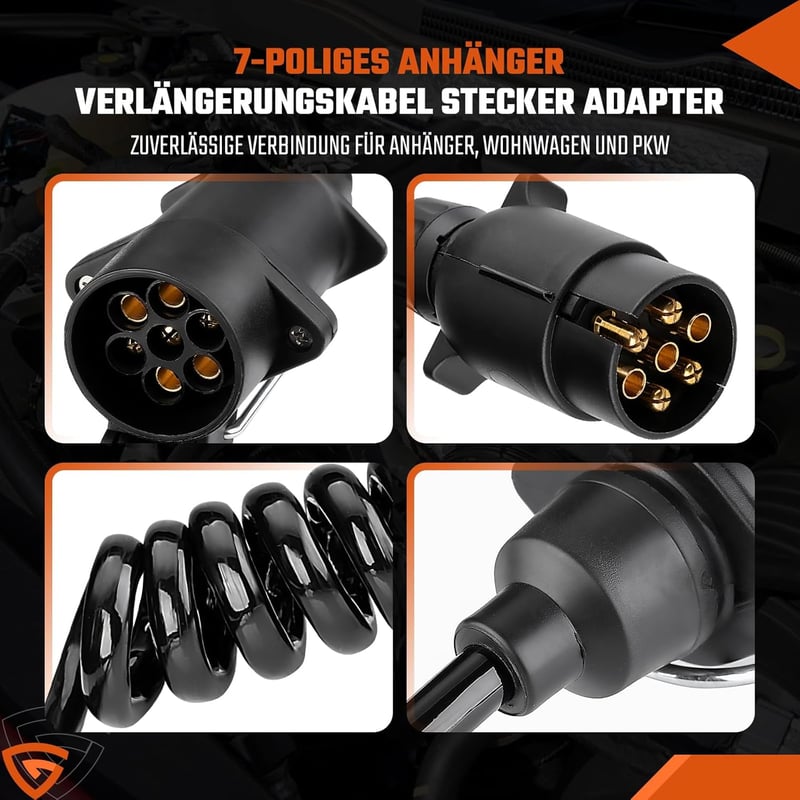GEARMONSTER 2m Utánfutó Hosszabbító Kábel 7 Tüskés 12V Spirál Adapter Autó Teherautó Lakóautó