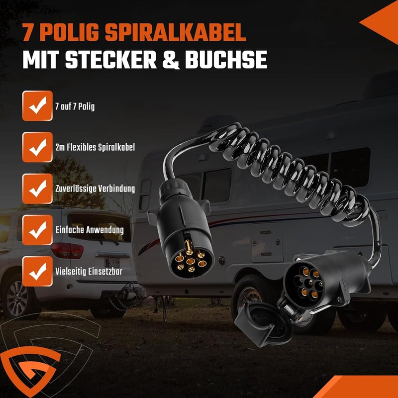 GEARMONSTER 2m Utánfutó Hosszabbító Kábel 7 Tüskés 12V Spirál Adapter Autó Teherautó Lakóautó