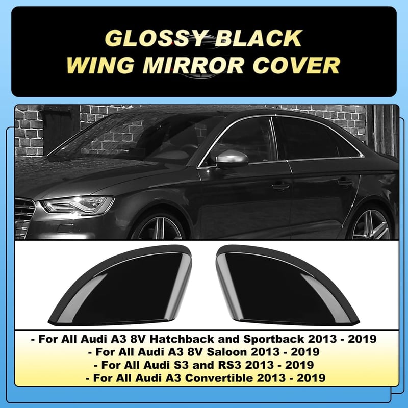 GEARMONSTER Audi A3 S3 8V RS3 Visszapillantó Tükör Borítás - Fényes Fekete Tükörkupak Szett 2013-2019 Modellekhez - Könnyen Felszerelhető AB
