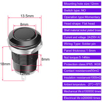 Gebildet 6 darabos fekete 12mm vízálló nyomógomb kapcsoló rozsdamentes acél 2A 12V/24V/125V/250VAC lapos fejű momentary 5