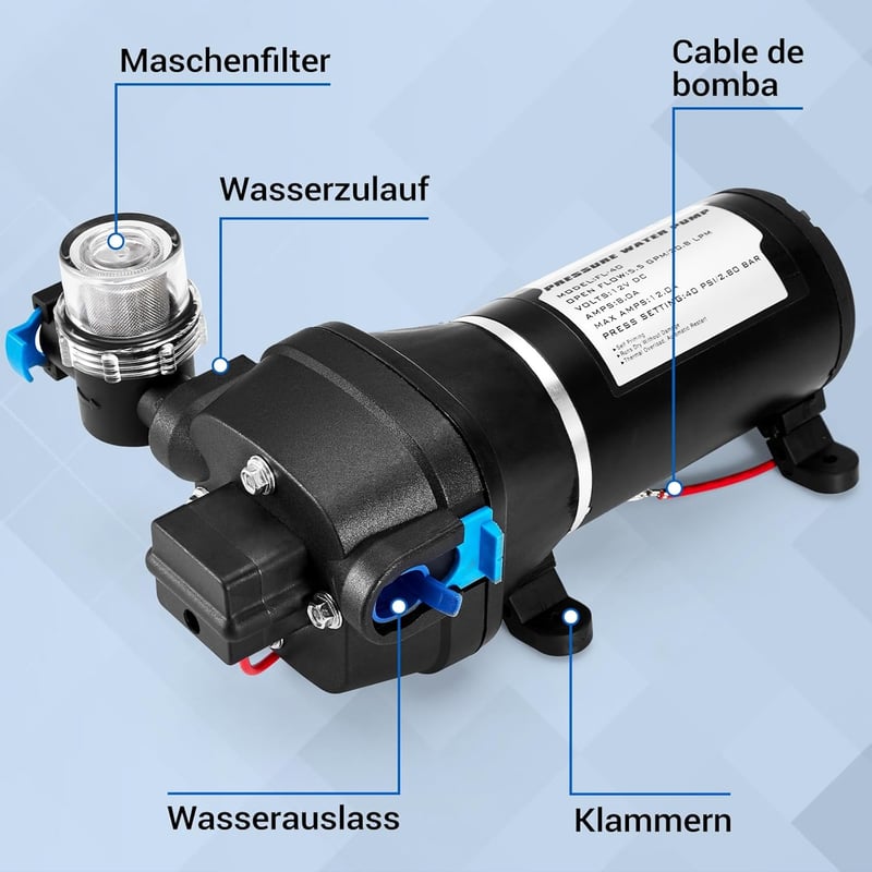 Gedlex 12V Vízszivattyú Lakóautókhoz - 20,8 LPM, 40 PSI Üzemi Nyomás, 180W - Hajókhoz, Lakókocsikhoz, Kertöntözéshez, Szűrővel