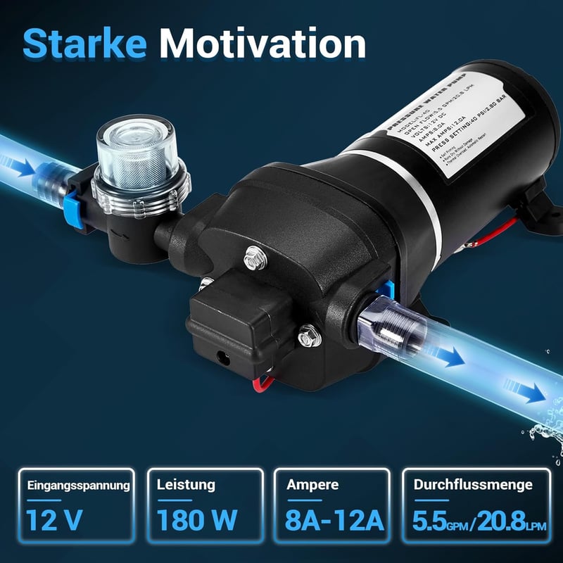 Gedlex 12V Vízszivattyú Lakóautókhoz - 20,8 LPM, 40 PSI Üzemi Nyomás, 180W - Hajókhoz, Lakókocsikhoz, Kertöntözéshez, Szűrővel