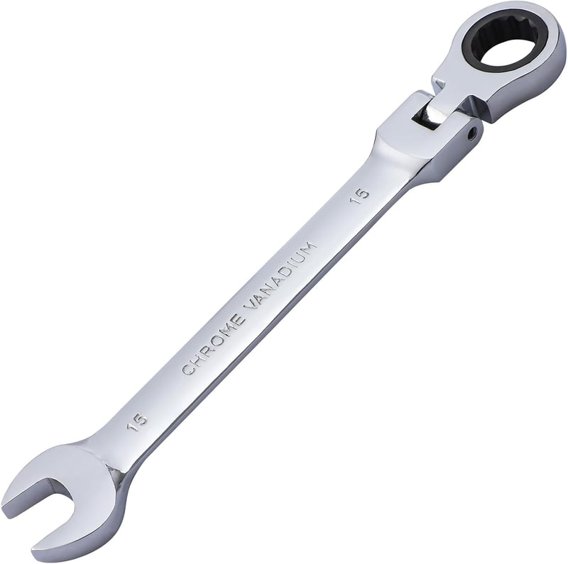 Cheie combinată cu clichet Gedlex de 15 mm, cotită, cu cap flexibil, din oțel crom-vanadiu, cu suprafață antiderapantă