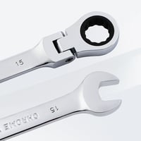 Cheie combinată cu clichet Gedlex de 15 mm, cotită, cu cap flexibil, din oțel crom-vanadiu, cu suprafață antiderapantă 5