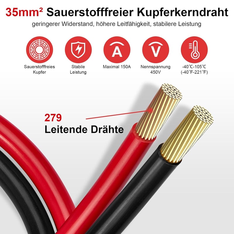 Gedlex Akkumulátor Kábel 35mm² 100cm - Oxigénmentes Réz Autó Kábelszett M10 Csatlakozóval, 150A, 12-24V Akkumulátorhoz, Piros-Fekete PVC Szi