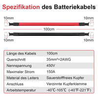 Gedlex Akkumulátor Kábel 35mm² 100cm - Oxigénmentes Réz Autó Kábelszett M10 Csatlakozóval, 150A, 12-24V Akkumulátorhoz, Piros-Fekete PVC Szi 5