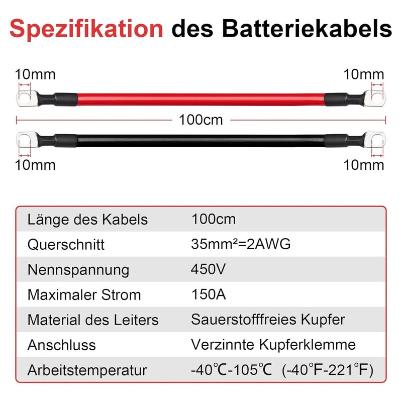 Gedlex Akkumulátor Kábel 35mm² 100cm - Oxigénmentes Réz Autó Kábelszett M10 Csatlakozóval, 150A, 12-24V Akkumulátorhoz, Piros-Fekete PVC Szi