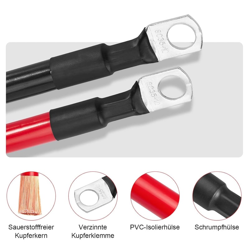 Gedlex Akkumulátor Kábel 35mm² 100cm - Oxigénmentes Réz Autó Kábelszett M10 Csatlakozóval, 150A, 12-24V Akkumulátorhoz, Piros-Fekete PVC Szi