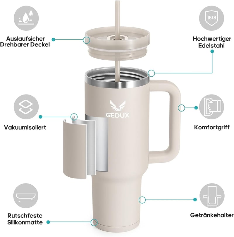 Gedux 1,2L termikus ivópalack szívószállal, vákuum szigetelés, cseppmentes - Coffee