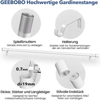 GEEBOBO Fehér Függönyrúd 76-228 cm Állítható Hosszúságú 19 mm Átmérőjű Vas Karnis Hálószobába, Nappaliba vagy Konyhába 3
