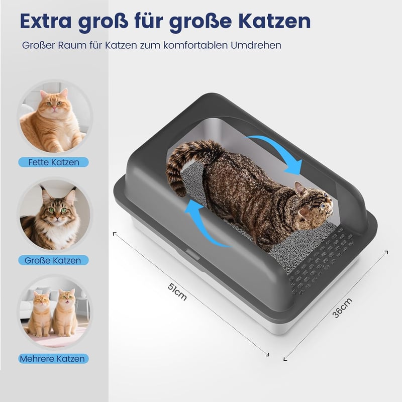 GEEBOBO Rozsdamentes Acél Macskatoalett L-es Méretben 51x36x30 cm - Szürke Macskawc Alátéttel és Lapáttal, Könnyű Tisztítás, Szagsemleges