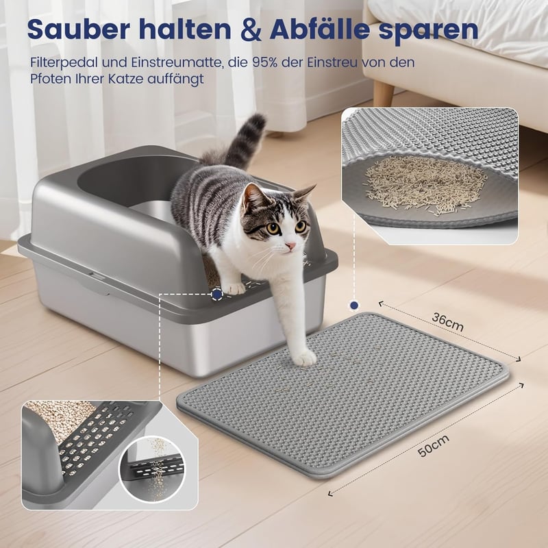 GEEBOBO Rozsdamentes Acél Macskatoalett L-es Méretben 51x36x30 cm - Szürke Macskawc Alátéttel és Lapáttal, Könnyű Tisztítás, Szagsemleges
