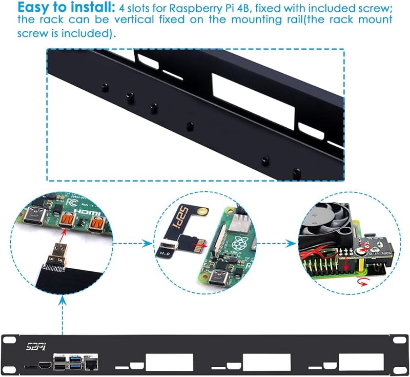 GeeekPi 1U Rack Mount Raspberry Pi 4B hűtéssel, HDMI adapterrel és kártyaolvasóval