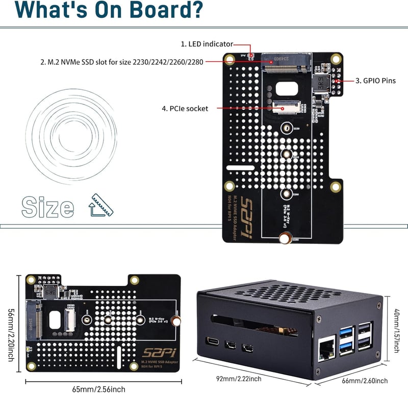 GeeekPi Fém Ház Raspberry Pi 5-höz N04 PCIe M.2 NVMe SSD Bővítőkártyával - Kompatibilis 2230/2242/2260/2280 M.2 SSD Meghajtókkal