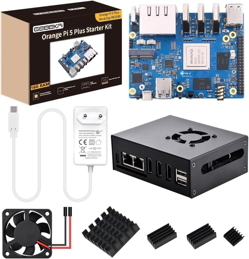 GeeekPi Orange Pi 5 Plus 16GB - RK3588 8-Magos Egykártyás Számítógép eMMC Foglalattal, Fém Házzal, Ventilátorral és Hivatalos 5V 4A Tápegysé