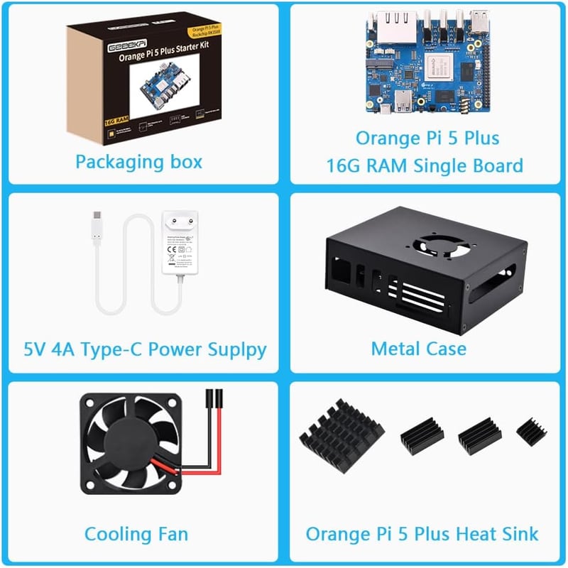 GeeekPi Orange Pi 5 Plus 16GB - RK3588 8-Magos Egykártyás Számítógép eMMC Foglalattal, Fém Házzal, Ventilátorral és Hivatalos 5V 4A Tápegysé