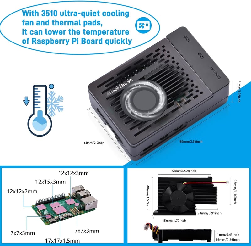 GeeekPi Raspberry Pi 5 8GB Kezdő Szett - 128GB SD Kártya, ABS Ház Armor Lite V5 Hűtővel, 27W USB-C Tápegység, 4K HDMI Kábelek