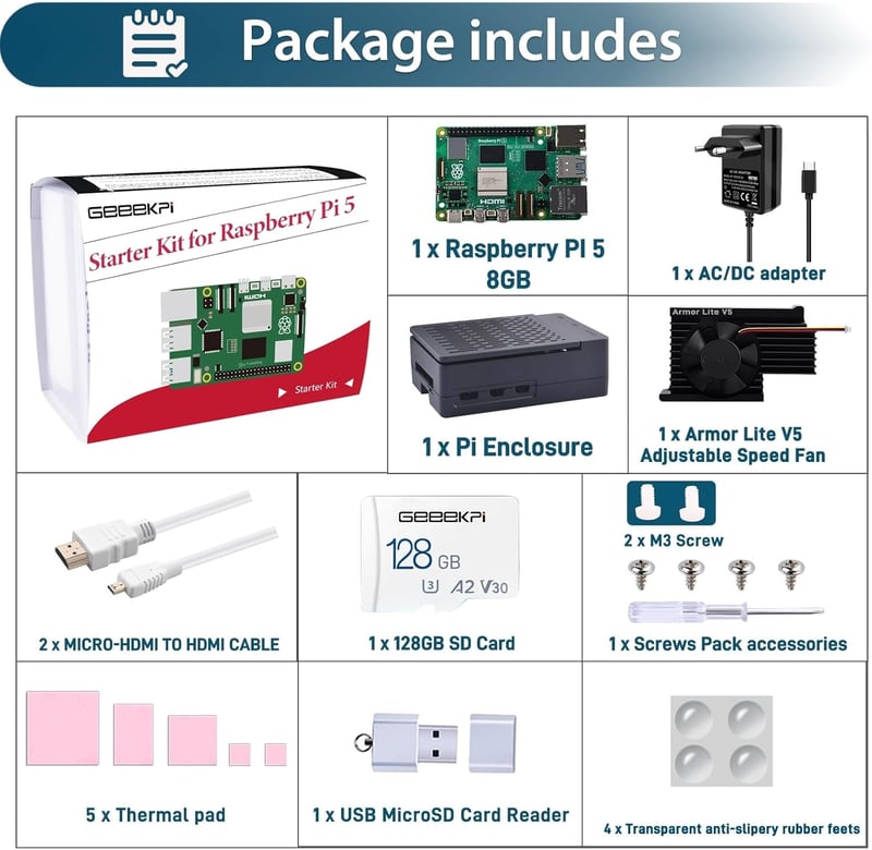 GeeekPi Raspberry Pi 5 8GB Kezdő Szett - 128GB SD Kártya, ABS Ház Armor Lite V5 Hűtővel, 27W USB-C Tápegység, 4K HDMI Kábelek
