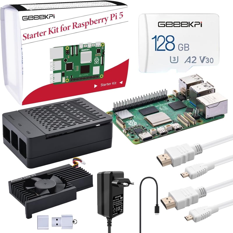 GeeekPi Raspberry Pi 5 8GB Kezdő Szett - 128GB SD Kártya, ABS Ház Armor Lite V5 Hűtővel, 27W USB-C Tápegység, 4K HDMI Kábelek