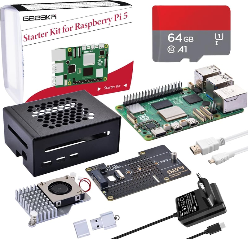 GeeekPi Raspberry Pi 5 8GB Kezdő Szett M.2 NVMe SSD Kártyával, Fém Ház, Aktív Hűtő, 64GB SD Kártya, HDMI Kábel, 27W Tápegység