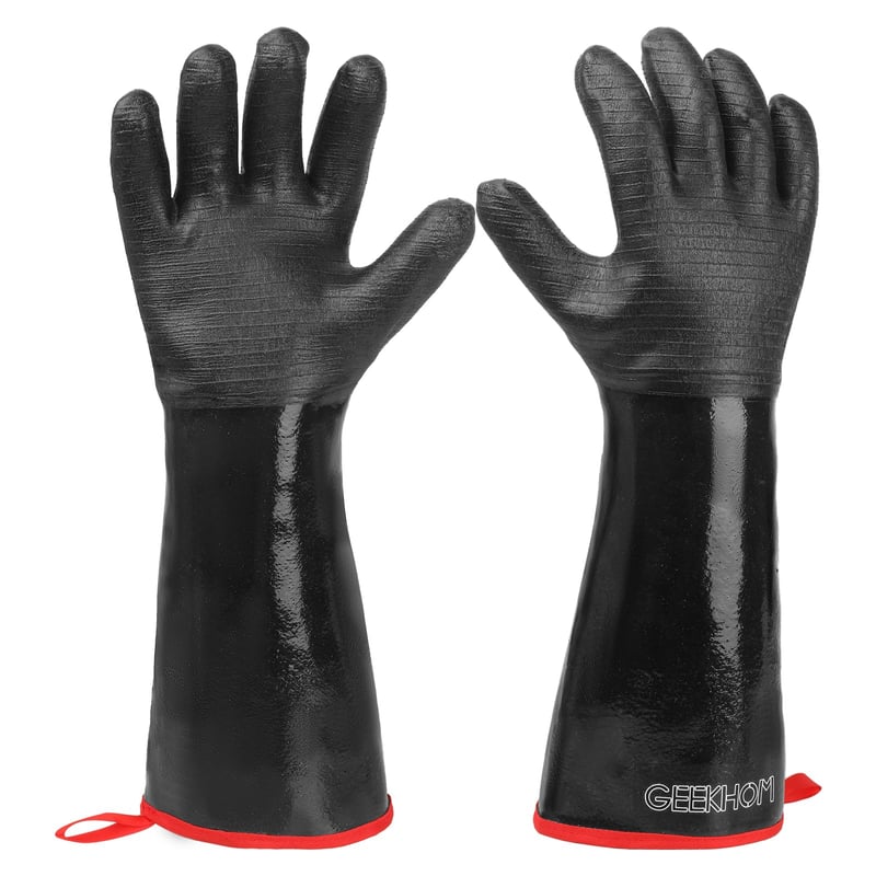 GEEKHOM Grilovacie rukavice 45 cm, žiaruvzdorné, extra dlhé, ohňovzdorné do 500 °C, kuchynské rukavice, chňapky na varenie, pečenie a grilovanie