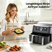 GEEKHOM Sklenená zapekacia misa pre teplovzdušnú fritézu Ninja AF400EU/AF500EU/SL400EU, s odnímateľnými silikónovými úchytkami a vekom, 2 v 1 sklenená nádoba, vhodná do umývačky riadu, 1 ks 5