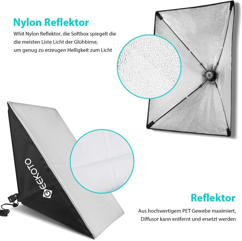 GEEKOTO Softbox szett 50x70cm fotóstúdió világítás 2db izzóval és állvánnyal