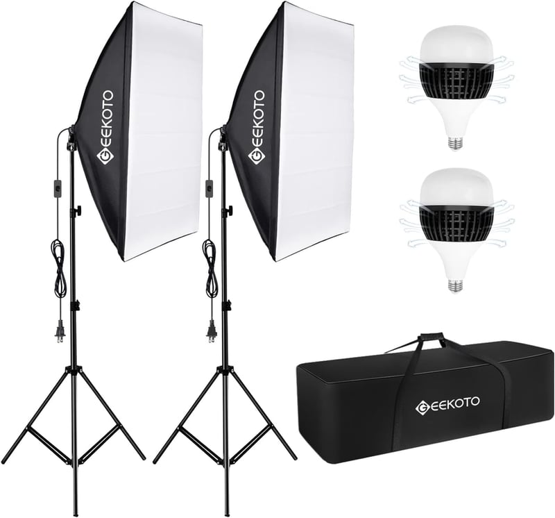 GEEKOTO Softbox szett 50x70cm fotóstúdió világítás 2db izzóval és állvánnyal