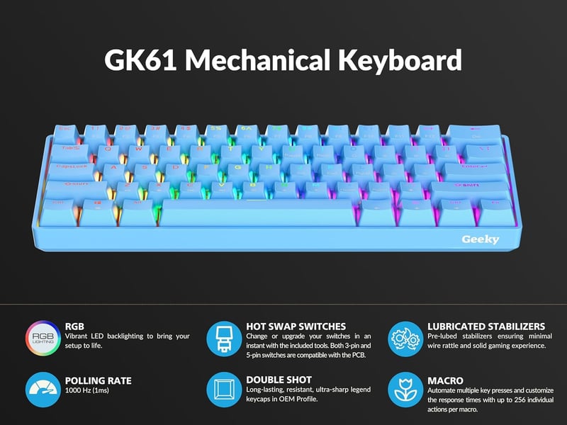 Geeky GK61 60% Mechanikus Gaming Billentyűzet RGB LED Kék