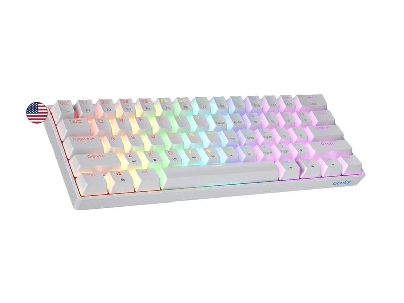 Geeky GK61 SE 60% Mehanička Gaming Tipkovnica, 61 Tipka RGB Pozadinsko Osvjetljenje, Smeđi Prekidači, USB-C, PC/Mac/PS5/Xbox Kompatibilna, Bijela