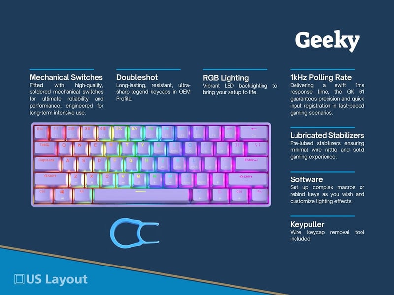 Geeky GK61 SE 60% Mechanikus Gaming Billentyűzet RGB LED Háttérvilágítással PC/Mac