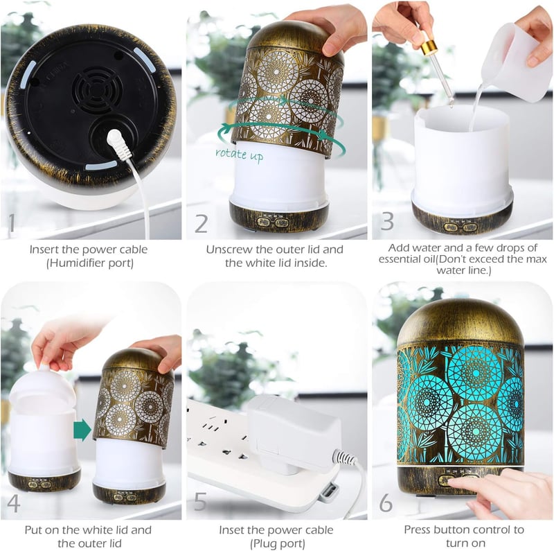 GeeRic Aroma Diffúzor 300ml - Ultrahangos Fém Párásító, 7 Színű LED, 4 Időzítő, Illóolaj Párologtató Otthonra, Irodába, Gyerekszobába - Bron
