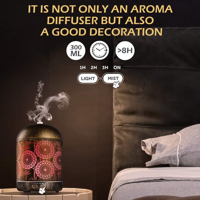 GeeRic Aroma Diffúzor 300ml - Ultrahangos Fém Párásító, 7 Színű LED, 4 Időzítő, Illóolaj Párologtató Otthonra, Irodába, Gyerekszobába - Bron