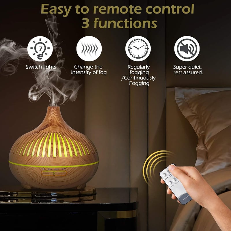 GeeRic Aroma Diffúzor 550ml + 8x10ml Illóolaj Szett - Ultrahangos Párásító 7 Színű LED Világítással, Távirányítóval, Időzítővel, Automatikus