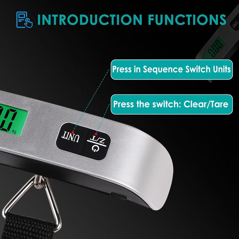 GeeRic Digitális Poggyászmérleg 50kg/110lb Terhelhetőséggel - LCD Kijelző, Hőmérséklet Érzékelő, Automatikus Kikapcsolás, Elemmel