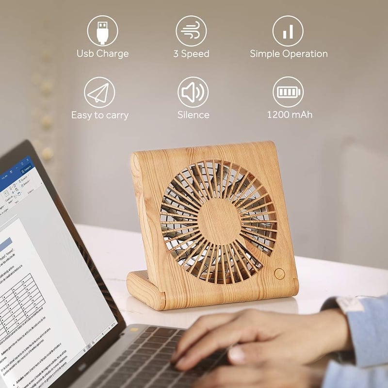 GeeRic Újratölthető USB Asztali Ventilátor - 3 Sebességes Hordozható Kisméretű Ventilátor Irodába, Gyerekszobába, Barna