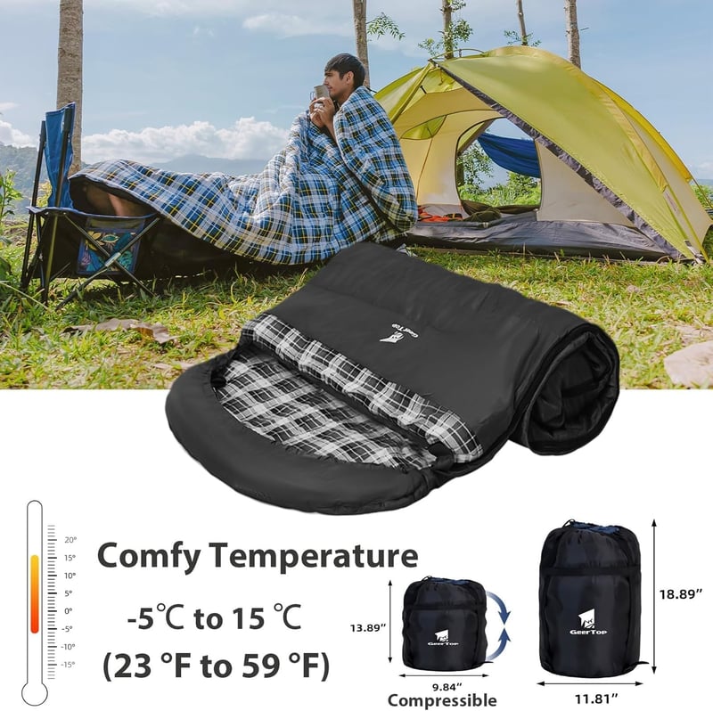GEERTOP Hálózsák XXL 220x100cm Felnőtt 3-4 Évszak Flanell Bélés Kempingezés Túrázás Outdoor Fekete Kék Kockás