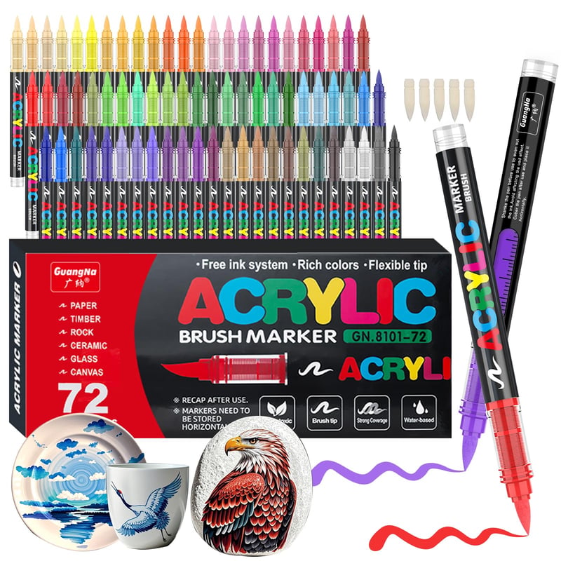 Set Markere Acrilice Gelanty 72 Culori, Carioci cu Vârf Pensulă Flexibil pentru Piatră, Ceramică, Lemn, Sticlă