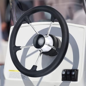 Volan pentru barcă Geloo, din oțel inoxidabil, cu inserție de spumă poliuretanică neagră, 5 spițe, 13,7 inchi, antiderapant și rezistent la transpirație