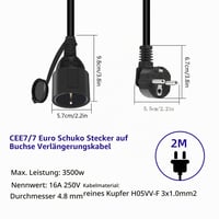 GELRHONR Vonkajší predlžovací kábel s plochou zástrčkou, vodotesný, typ F (CEE 7/7), 16 A 250 V, 2 m 2