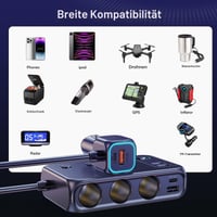 GemCoo 9 v 1 USB-C autonabíjačka a rozbočovač do zapaľovača 171 W, 3x12 V/24 V zásuvka, 4 USB + duálny PD port, LED displej napätia, samostatné vypínače 7