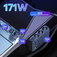 GemCoo 9 v 1 USB-C autonabíjačka a rozbočovač do zapaľovača 171 W, 3x12 V/24 V zásuvka, 4 USB + duálny PD port, LED displej napätia, samostatné vypínače 2