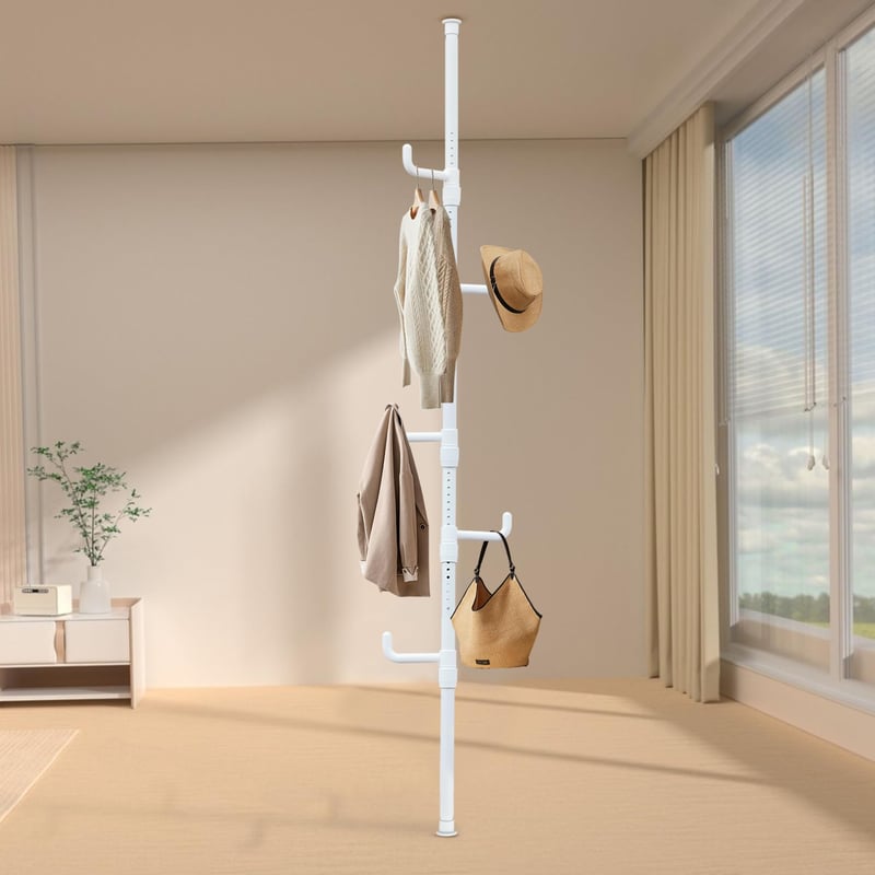 Teleskopický vešiak na oblečenie Gemsaya s 5 háčikmi, biely, 110-310 cm, bez vŕtania, do predsiene, spálne, obývačky a kancelárie, na klobúky a tašky