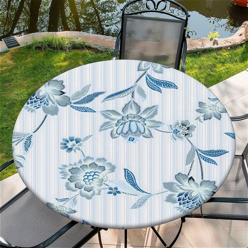 Față de masă rotundă generică cu elastic, Ø 90 cm, model cu munți-râuri-lacuri, pentru utilizare în grădină sau la exterior, pentru mese cu lățimea de 75-85 cm