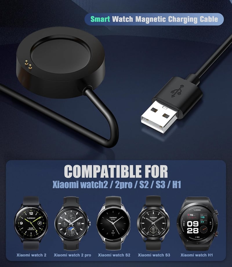 Generic Mágneses Töltőkábel Xiaomi Watch 2/2 Pro/S2/S3/H1 Okosórákhoz - 1m USB-A Csatlakozó, Túlfeszültség Elleni Védelem, Fekete