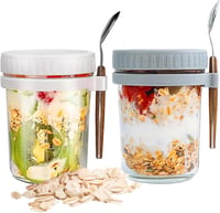 Generisch 2 db Overnight Oats üveg tetővel és kanállal, 350 ml, légmentes tárolóedény 1
