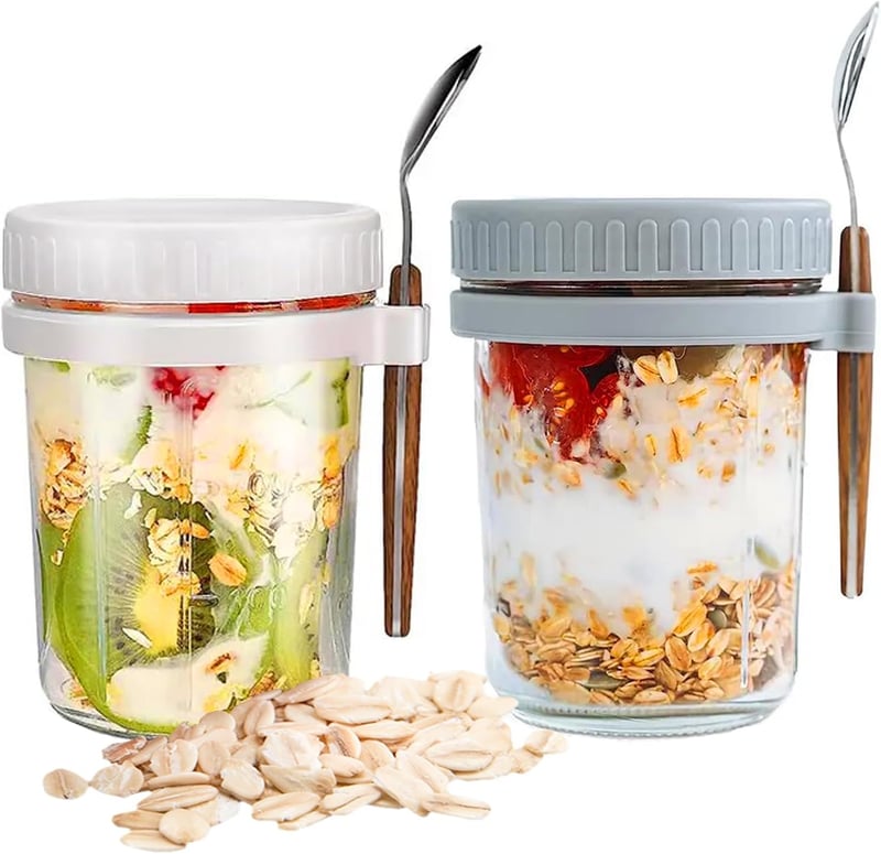 Generisch 2 db Overnight Oats üveg tetővel és kanállal, 350 ml, légmentes tárolóedény