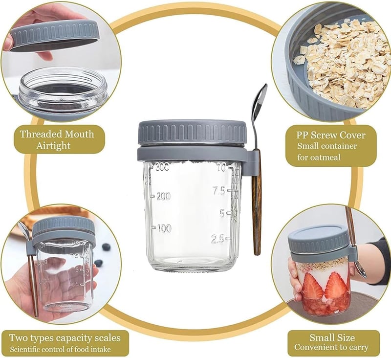 Generisch 2 db Overnight Oats üveg tetővel és kanállal, 350 ml, légmentes tárolóedény
